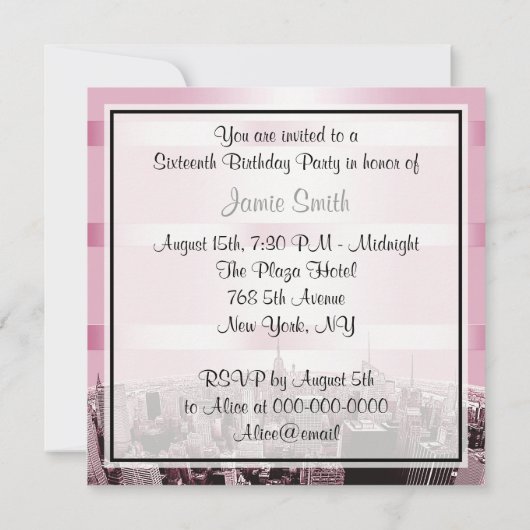 Geëtste NYC Skyline 2P Roze Blauw RBN H Sweet 16 P Kaart (Achterkant)