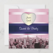 Geëtste NYC Skyline 2P Roze Blauw RBN H Sweet 16 P Kaart (Voorkant)