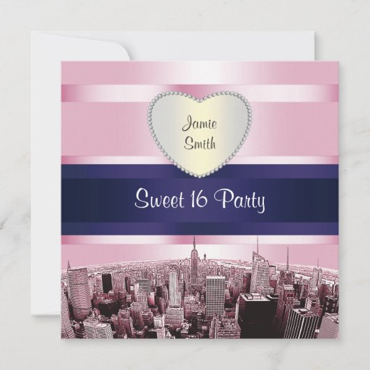 Geëtste NYC Skyline 2P Roze Blauw RBN H Sweet 16 P Kaart (Voorkant)