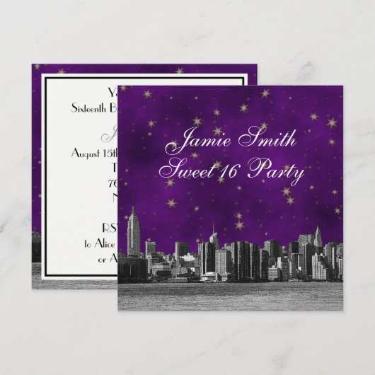 Geëtste NYC Skyline #3 Paarse gouden ster Sweet 16 Kaart (Voorkant / Achterkant)