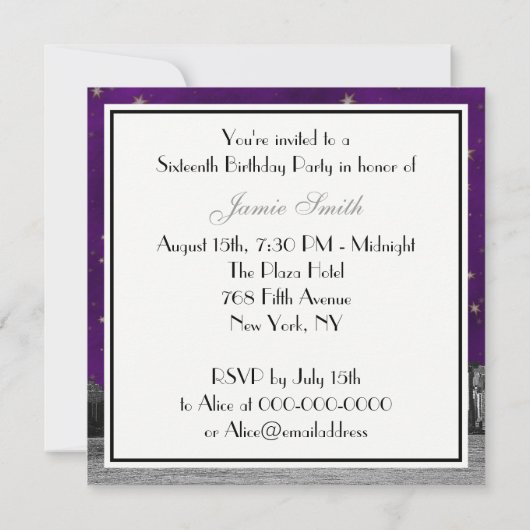 Geëtste NYC Skyline #3 Paarse gouden ster Sweet 16 Kaart (Achterkant)