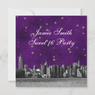 Geëtste NYC Skyline #3 Paarse gouden ster Sweet 16 Kaart