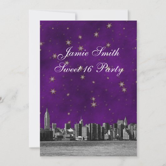 Geëtste NYC Skyline #3 Paarse Gouden Ster Sweet 16 Kaart (Voorkant)