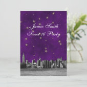 Geëtste NYC Skyline #3 Paarse Gouden Ster Sweet 16 Kaart (Staand voorkant)
