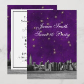 Geëtste NYC Skyline #3 Paarse Gouden Ster Sweet 16 Kaart (Voorkant / Achterkant)