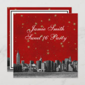 Geëtste NYC Skyline #3 Rode Gouden Ster Sweet 16 Kaart (Voorkant / Achterkant)