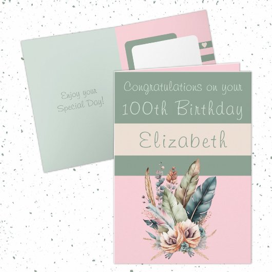 Gefeliciteerd 100ste verjaardag bloemenroze groen kaart