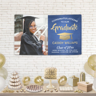 Gefeliciteerd 1 Foto Blue Gold White modern Afstud Spandoek