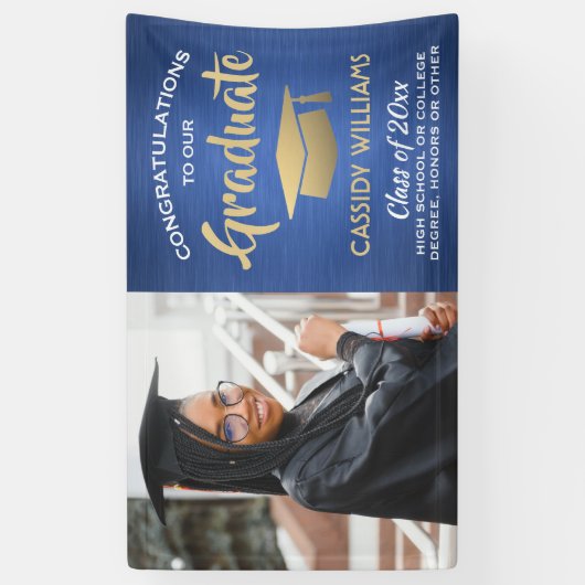 Gefeliciteerd 1 Foto Blue Gold White modern Afstud Spandoek (Verticaal)