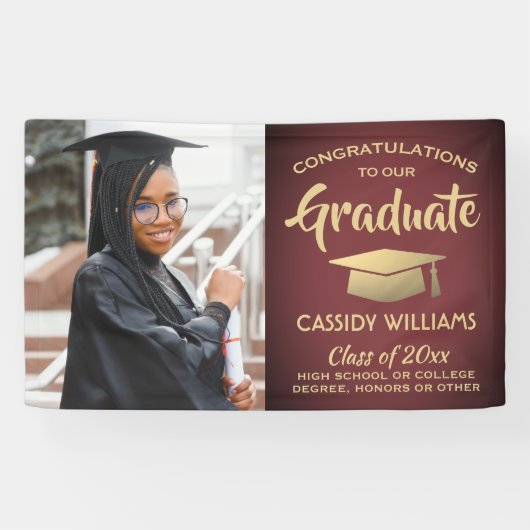 Gefeliciteerd 1 Foto Burgundy Red en Gold Afstuder Spandoek (Horizontaal)