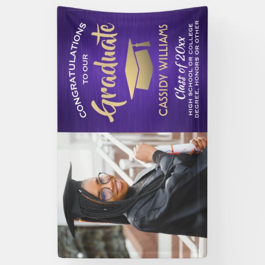 Gefeliciteerd 1 Foto Paars Gold en wit Afstuderen Spandoek (Verticaal)