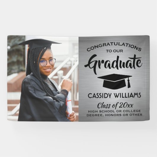 Gefeliciteerd 1 Foto Silver & Black Modern Afstude Spandoek (Horizontaal)