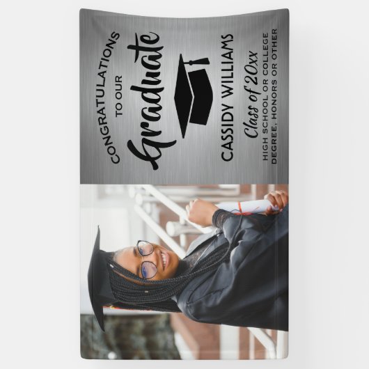 Gefeliciteerd 1 Foto Silver & Black Modern Afstude Spandoek (Verticaal)