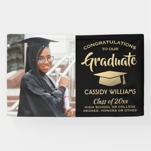 Gefeliciteerd 1 Foto zwart en Gold modern Afstuder Spandoek (Horizontaal)