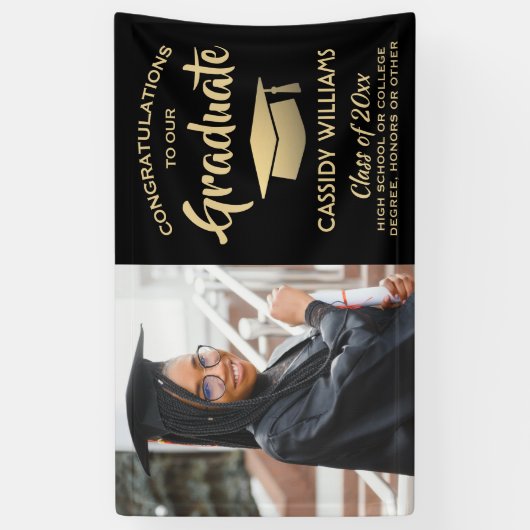 Gefeliciteerd 1 Foto zwart en Gold modern Afstuder Spandoek (Verticaal)