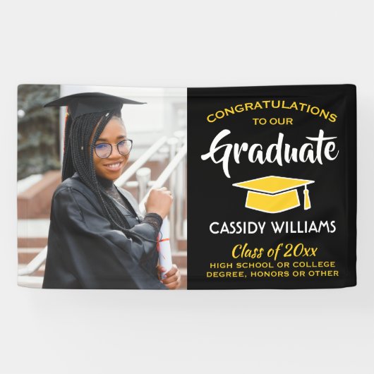 Gefeliciteerd 1 Photo Black Gold Yellow Afstuderen Spandoek (Horizontaal)
