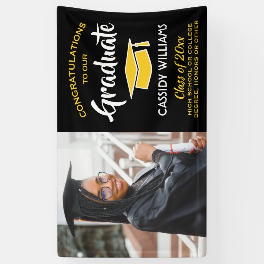 Gefeliciteerd 1 Photo Black Gold Yellow Afstuderen Spandoek (Verticaal)