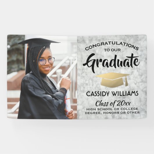 Gefeliciteerd 1 Photo Marble Black en Gold Afstude Spandoek (Horizontaal)