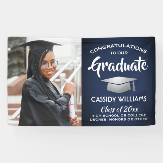 Gefeliciteerd 1 Photo Navy Blue Silver Afstuderen Spandoek (Horizontaal)