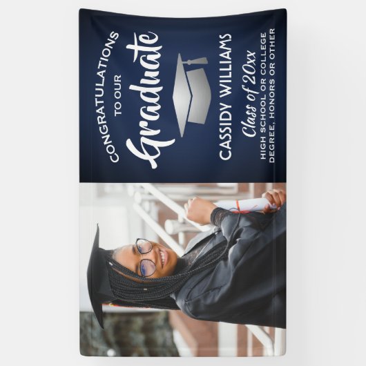 Gefeliciteerd 1 Photo Navy Blue Silver Afstuderen Spandoek (Verticaal)