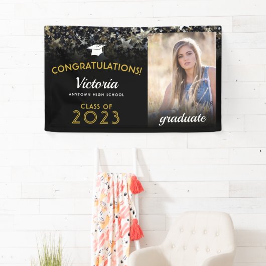 Gefeliciteerd, 2023 Afstuderen foto van zwart en g Spandoek (Insitu)
