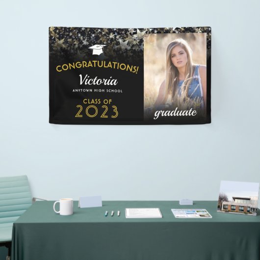 Gefeliciteerd, 2023 Afstuderen foto van zwart en g Spandoek (Beurs)