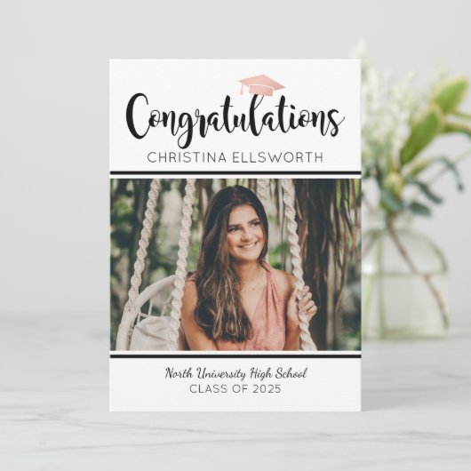 Gefeliciteerd 2025 Roos Goud Afstuderen Foto Kaart (Staand voorkant)