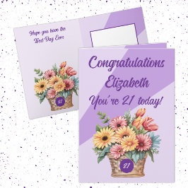Gefeliciteerd 21 vandaag bloemige paarse verjaarda kaart
