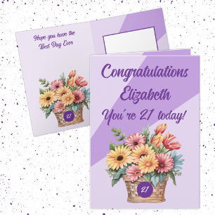 Gefeliciteerd 21 vandaag bloemige paarse verjaarda kaart