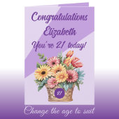 Gefeliciteerd 21 vandaag bloemige paarse verjaarda kaart
