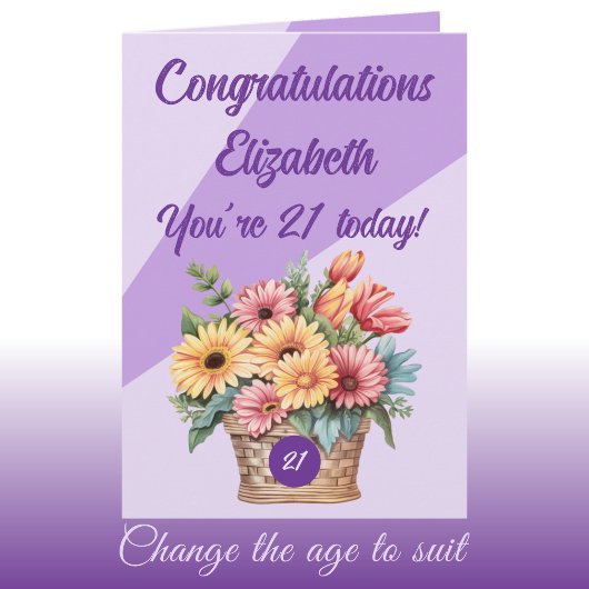 Gefeliciteerd 21 vandaag bloemige paarse verjaarda kaart