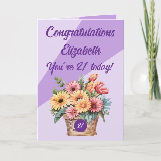 Gefeliciteerd 21 vandaag bloemige paarse verjaarda kaart (Voorkant)