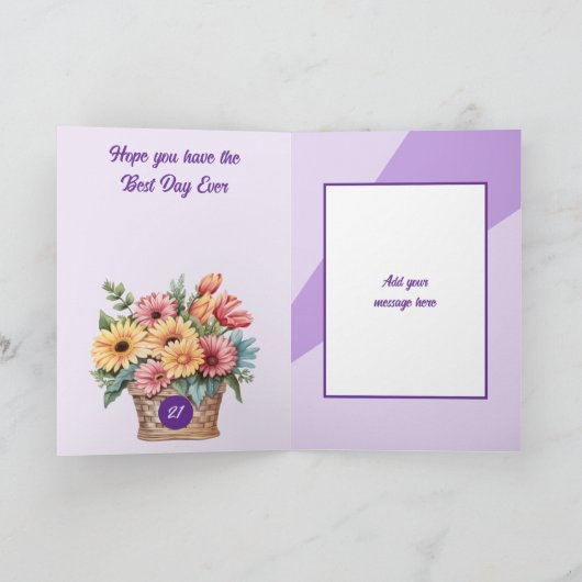 Gefeliciteerd 21 vandaag bloemige paarse verjaarda kaart (Binnen)