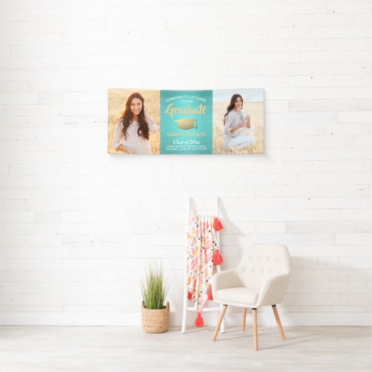 Gefeliciteerd 2 Foto Blauwgroen Blauw Goud Afstude Spandoek (Insitu)