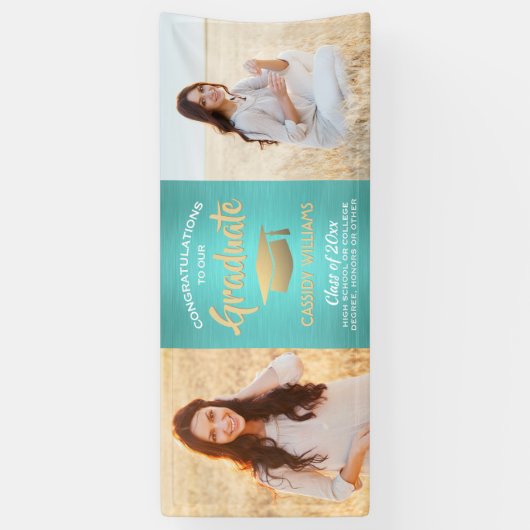 Gefeliciteerd 2 Foto Blauwgroen Blauw Goud Afstude Spandoek (Verticaal)