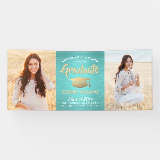 Gefeliciteerd 2 Foto Blauwgroen Blauw Goud Afstude Spandoek (Horizontaal)