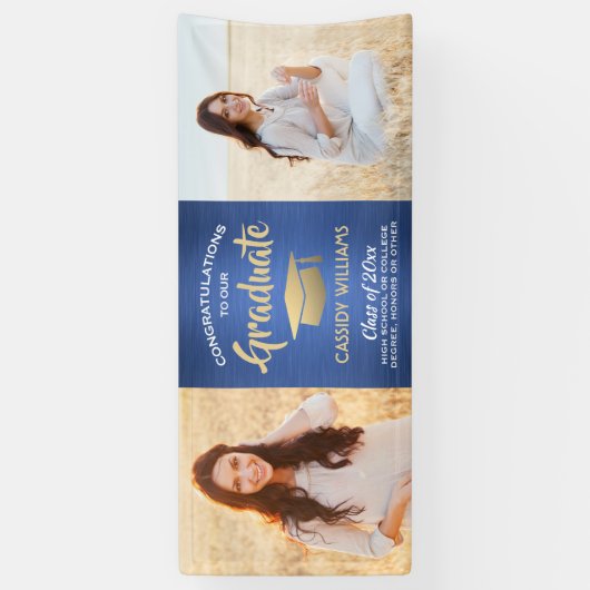 Gefeliciteerd 2 Foto Blue Gold White modern Afstud Spandoek (Verticaal)