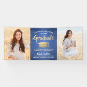 Gefeliciteerd 2 Foto Blue Gold White modern Afstud Spandoek (Horizontaal)