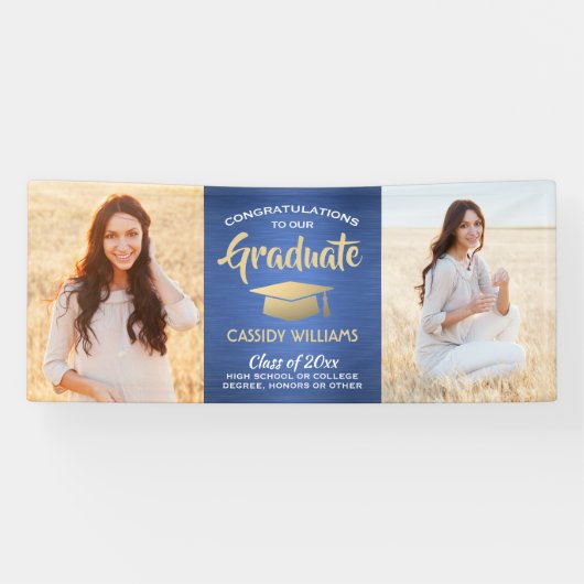Gefeliciteerd 2 Foto Blue Gold White modern Afstud Spandoek (Horizontaal)