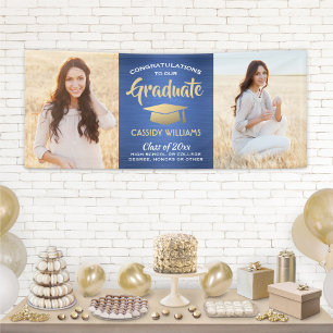 Gefeliciteerd 2 Foto Blue Gold White modern Afstud Spandoek