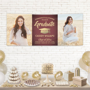 Gefeliciteerd 2 Foto Burgundy Red en Gold Afstuder Spandoek