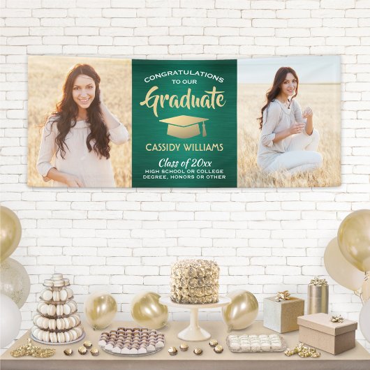 Gefeliciteerd 2 Foto Green Gold en White Afstudere Spandoek