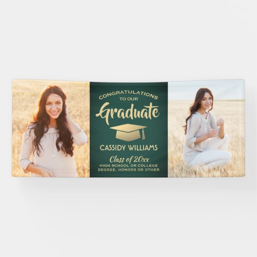Gefeliciteerd 2 Foto groen en Gold Modern Afstuder Spandoek (Horizontaal)