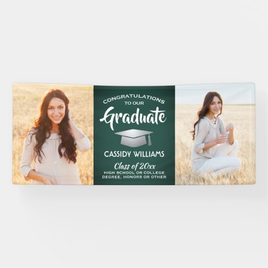Gefeliciteerd 2 Foto groen wit en zilver Afstudere Spandoek (Horizontaal)