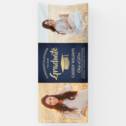 Gefeliciteerd 2 Foto Navy Blue Gold Modern Afstude Spandoek (Verticaal)