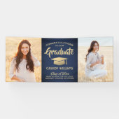 Gefeliciteerd 2 Foto Navy Blue Gold Modern Afstude Spandoek (Horizontaal)