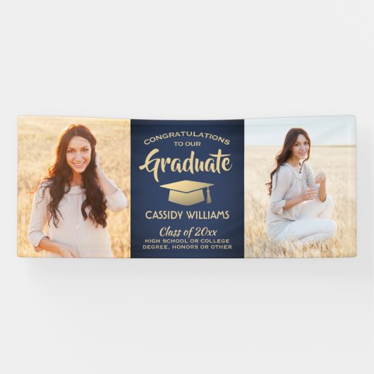 Gefeliciteerd 2 Foto Navy Blue Gold Modern Afstude Spandoek (Horizontaal)