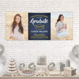 Gefeliciteerd 2 Foto Navy Blue Gold Yellow Afstude Spandoek