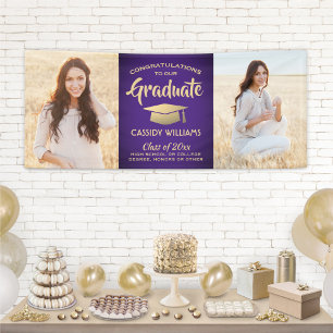 Gefeliciteerd 2 Foto Paars & Gold modern Afstudere Spandoek