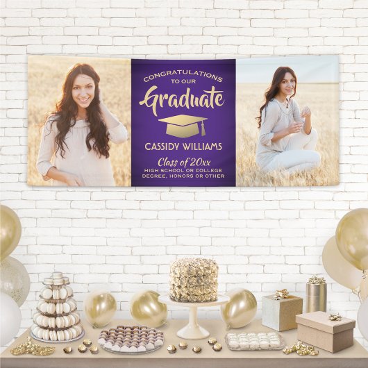 Gefeliciteerd 2 Foto Paars & Gold modern Afstudere Spandoek